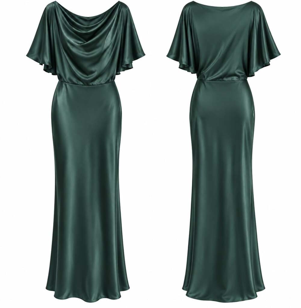 Amsale Midi Dress Size 14 Green Satin Cowl Neck Short Sleeve Formal Gown